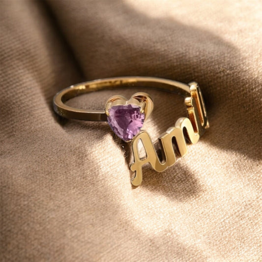 SERAPHINA - Gepersonaliseerde Geboortesteen Ring met Naam (Goud & Zilver)